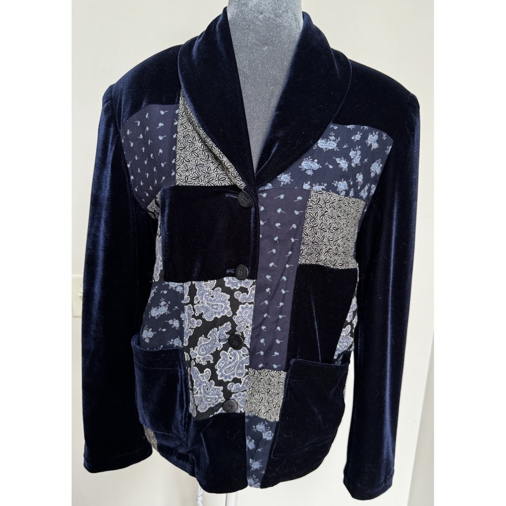 Vtg Blue‎ Velvet Patchwork Blazer Jacket S Boho Cottagecore Whimsigoth Floral